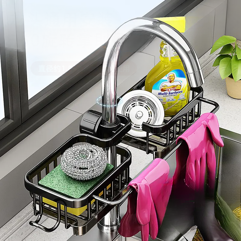 No-Drill Installation Kitchen and Bathroom Faucet Storage Rack