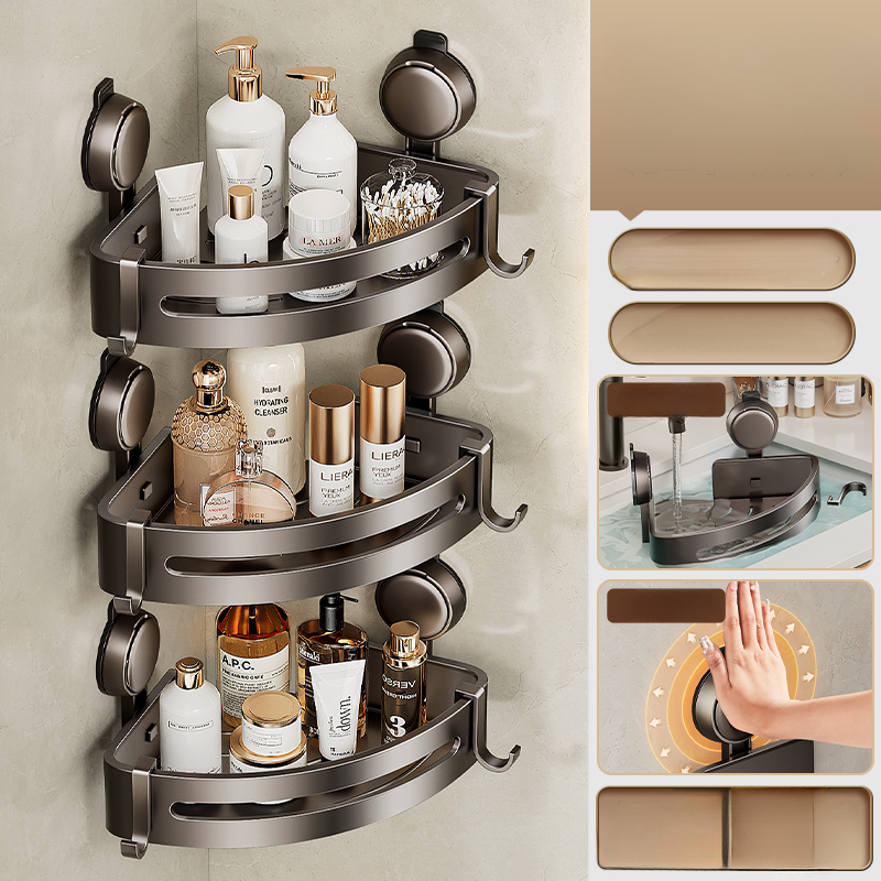 Suction Cup Space Aluminum Wall-Mounted Corner Storage Rack: No-Drill Installation