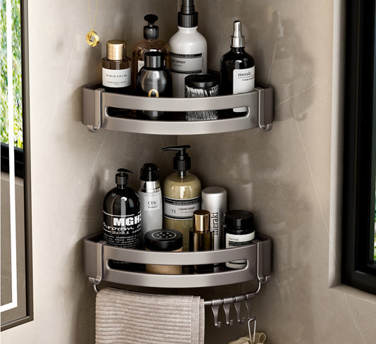 Wall-Mounted Corner Storage Rack: No-Drill Installation, Space Aluminum