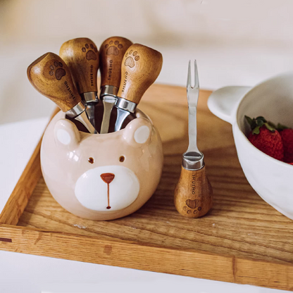 Standable Fruit Fork Set - Wooden Handle, Stainless Steel Material