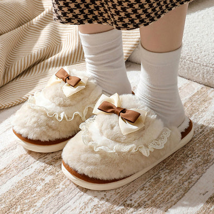 BowFluff-Bowknot Plush Cotton Slippers: Thick, Non-Slip Sole