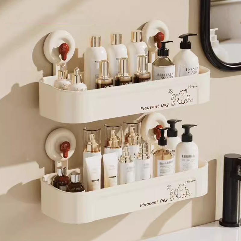 Cream-Colored No-Drill Bathroom Shelf: Easy Installation & No Marks