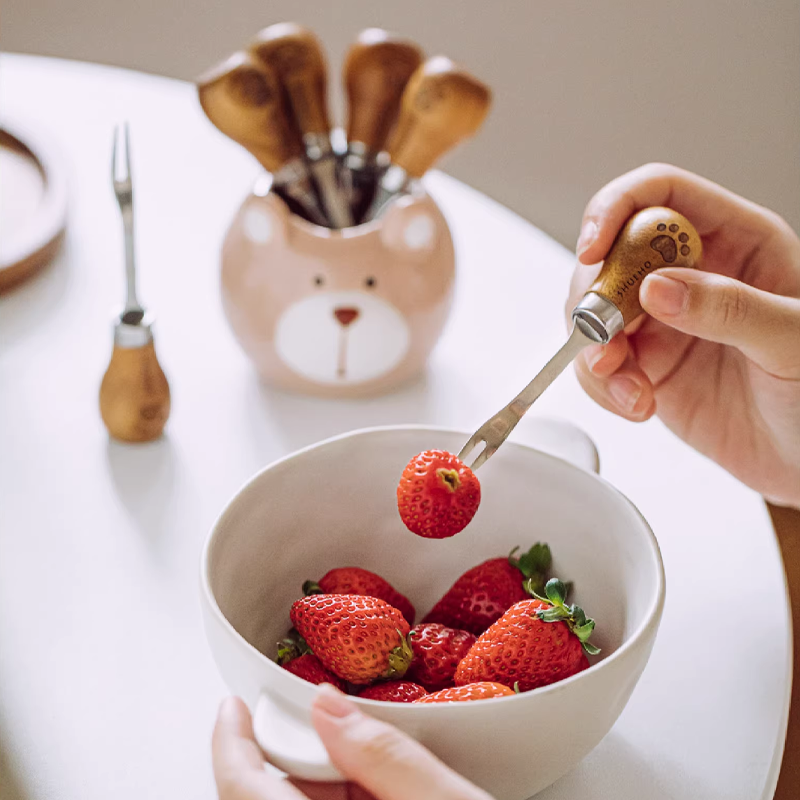 Standable Fruit Fork Set - Wooden Handle, Stainless Steel Material