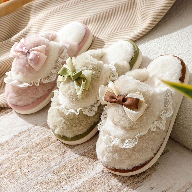 BowFluff-Bowknot Plush Cotton Slippers: Thick, Non-Slip Sole