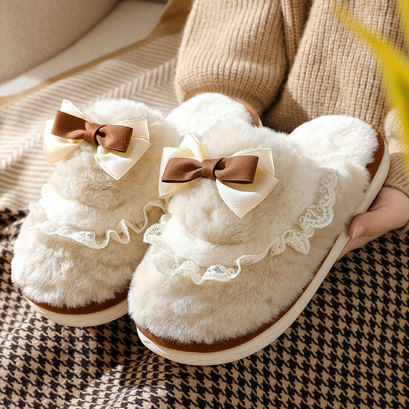 BowFluff-Bowknot Plush Cotton Slippers: Thick, Non-Slip Sole