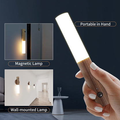 No-Drill Magnetic Walnut Motion Sensor Wall Lamp - Wireless Convenience and Elegant Design