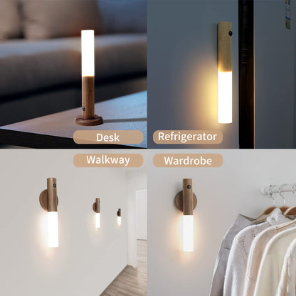 No-Drill Magnetic Walnut Motion Sensor Wall Lamp - Wireless Convenience and Elegant Design