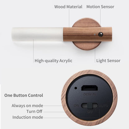 No-Drill Magnetic Walnut Motion Sensor Wall Lamp - Wireless Convenience and Elegant Design