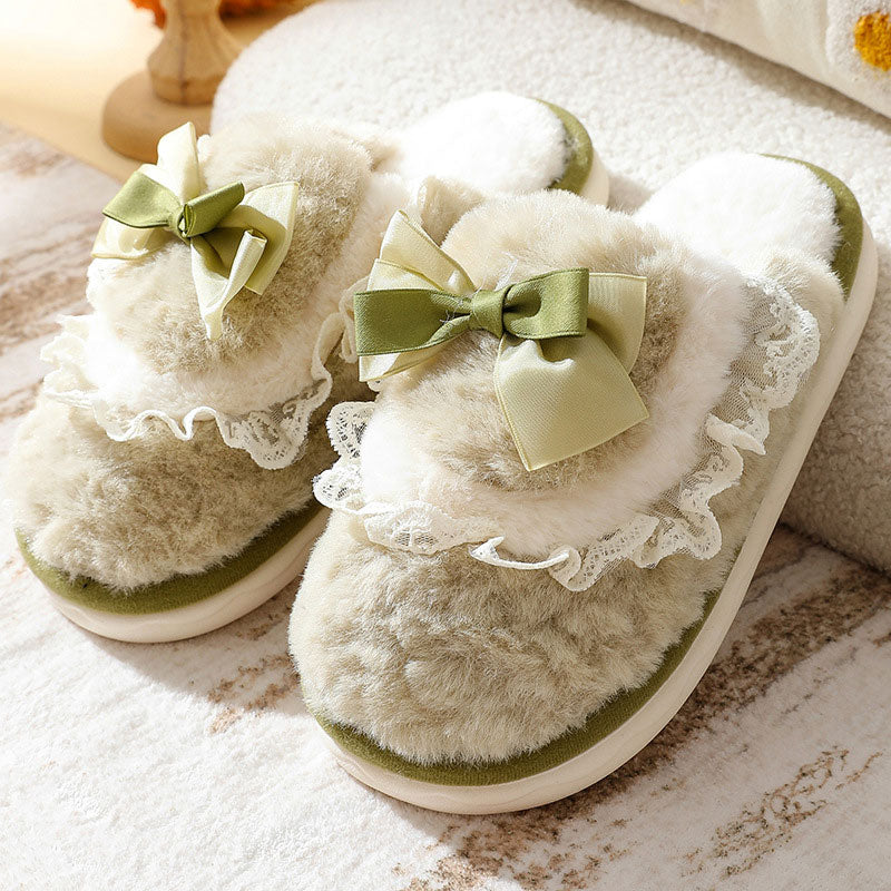 BowFluff-Bowknot Plush Cotton Slippers: Thick, Non-Slip Sole