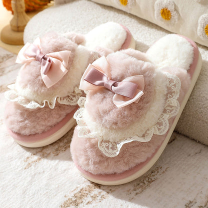 BowFluff-Bowknot Plush Cotton Slippers: Thick, Non-Slip Sole