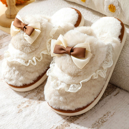 BowFluff-Bowknot Plush Cotton Slippers: Thick, Non-Slip Sole